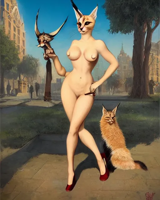 Prompt: pinup photo of cute fluffy caracal in the crowded square of the city, by greg rutkowski, gil elvgren, enoch bolles, kezie demessance, glossy skin, pearlescent, very coherent, very detailed