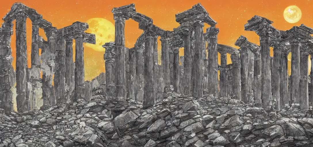 Image similar to The ruins of the Silver Millennium on the moon from Sailor Moon, digital painting, Earth in the distance, Greek-esque columns and ruins