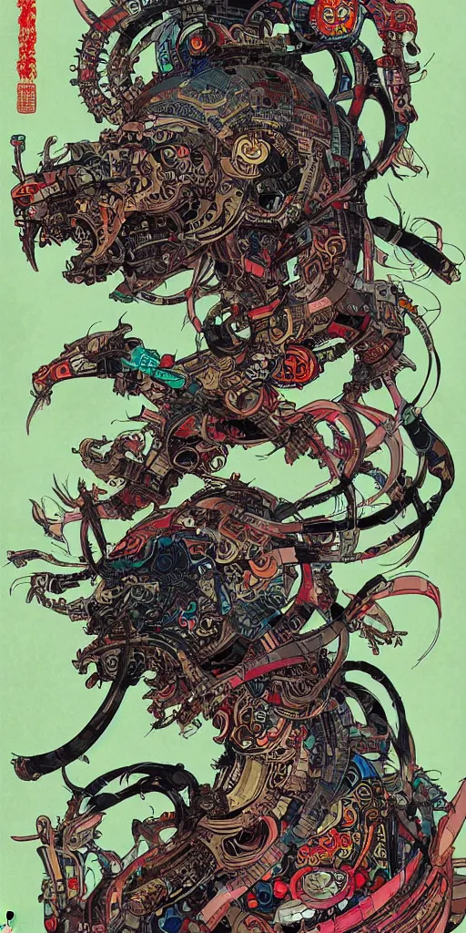 Image similar to cyberpunk oimmortal beast from chinese mythology cyborg portrait, illustration, pop art, splash painting, art by geof darrow, ashley wood, alphonse mucha, makoto shinkai