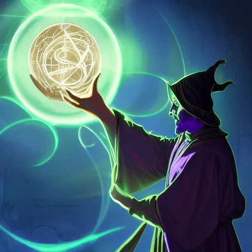 Image similar to a warlock is casting a magic spell, while magic orb is floating in his hand, the magic orb emit a blueish vapour, dynamic pose, chromatic aberration , medium level shot, Mucha style , Grim fantasy, illustration ,concept art,