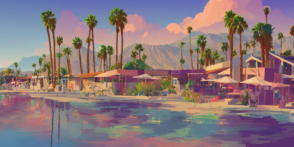 Prompt: a beautiful illustration of Palm Springs by James Gilleard, 8k, 4k