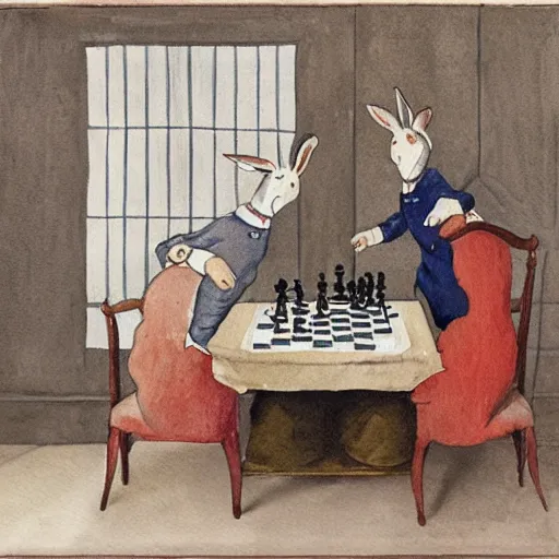 Image similar to two rabbits playing chess inside a ballroom, watercolour realism