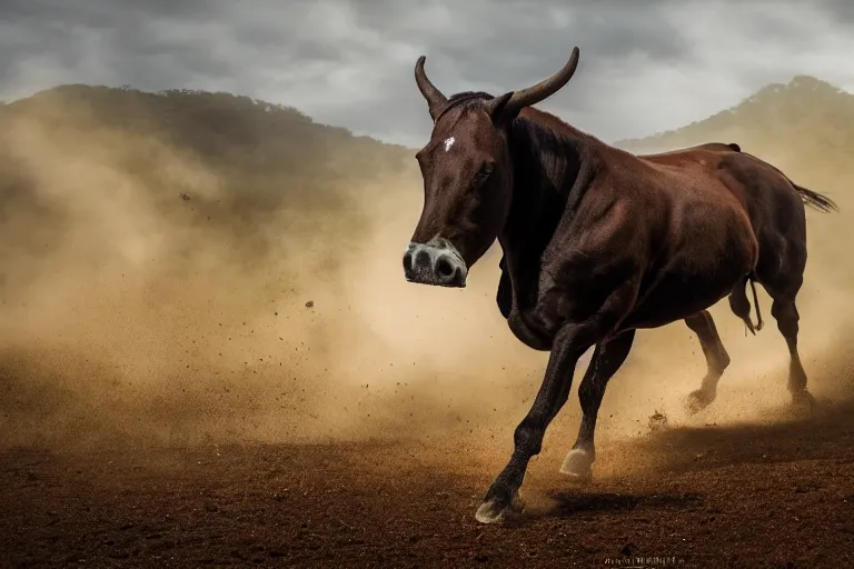 Image similar to a horse bull!!! hybrid! hyper realistic!! realistic lighting!! wildlife photographer of the year!!! bold natural colors, national geographic, hd, wide angle, 8 k