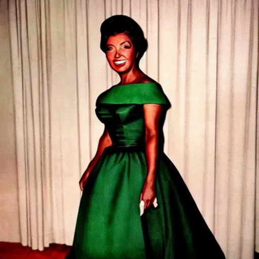 Prompt: colorized photo of a beautiful and elegant 1 9 5 8 black actress in a green gown