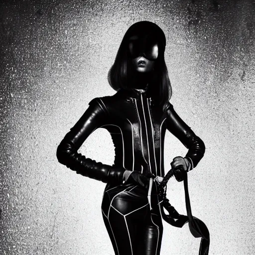 Image similar to fashion photography of an extraterrestrial model, holding a leather whip, wearing demobaza fashion, inside berghain, berlin fashion, harness, futuristic fashion, dark minimal outfit, photo 3 5 mm leica, hyperdetail, berghain, 8 k, very detailed, photo by nick knight