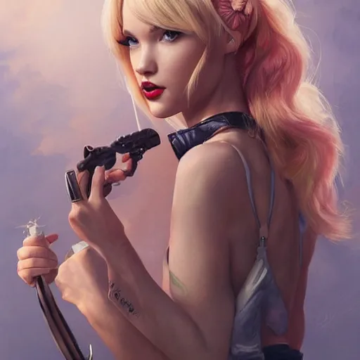 Image similar to dove cameron and taylor swift as tank girl, fantasy, portrait, highly detailed, waist up, low camera angle, digital painting, trending on artstation, concept art, sharp focus, illustration, art by artgerm and greg rutkowski and magali villeneuve