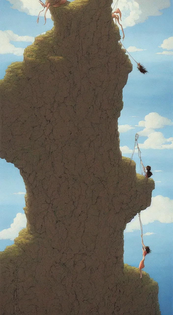 Prompt: a detailed painting of a single woman hanging from the side of a cliff overlooking the end of the world by Studio Ghibli trending on ArtStation Beksinski, Greg Hildebrandt, 8k highly detailed ❤️‍🔥 🔥 💀 🤖 🚀