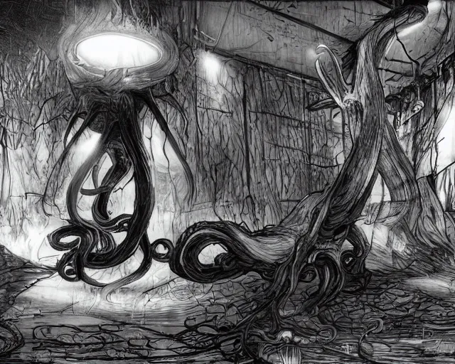 Image similar to camera footage of a extremely aggressive Giant mutated Octopus with glowing white eyes, Mutated Human Features, Human Spine, Organic Lure, in an abandoned shopping mall, Psychic Mind flayer, Terrifying, Human Silhouette :7 , high exposure, dark, monochrome, camera, grainy, CCTV, security camera footage, timestamp, zoomed in, Feral, fish-eye lens, Fast, Radiation Mutated, Nightmare Fuel, Ancient Evil, Bite, Motion Blur, horrifying, lunging at camera :4 bloody dead body, blood on floors, windows and walls :5