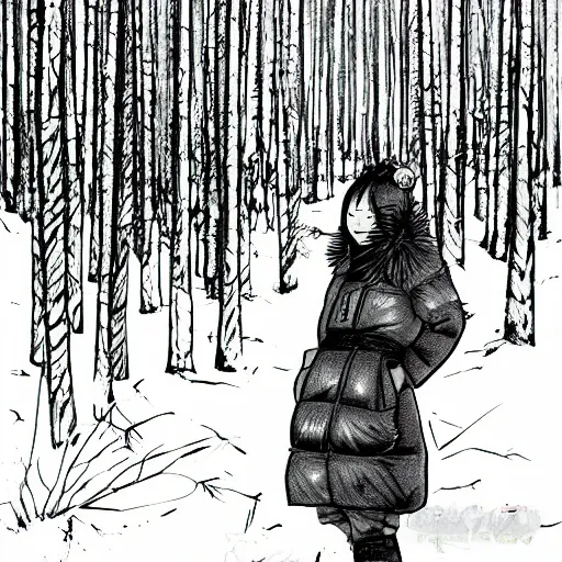 Prompt: yakut teenager standing in pine forest, snow, winter, manga style drawing