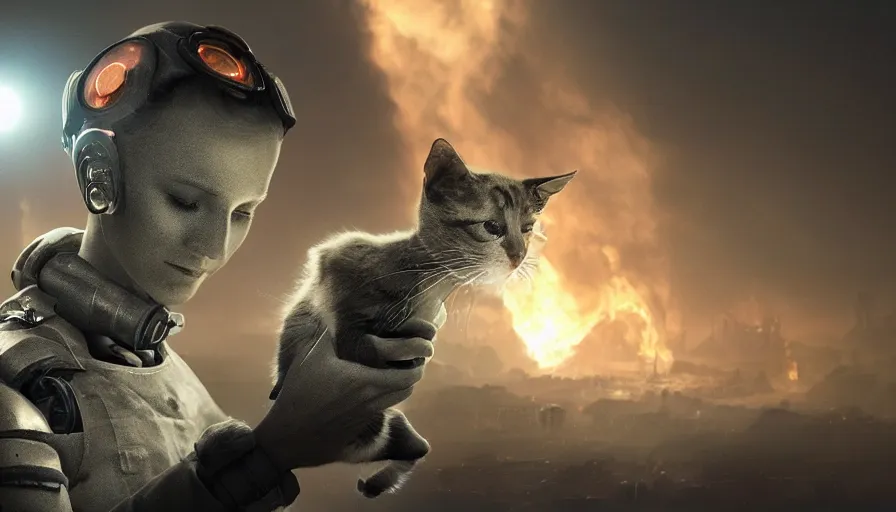 Prompt: a beautiful award-winning photo of a cyborg holding a small cat in his hands, serene post-nuclear background, a huge nuclear cloud, intricate details, numerous fires, volumetric lighting, haze, very high quality, extremely detailed, subtle visual noise, unreal engine 5, hyperrealistic, 8K