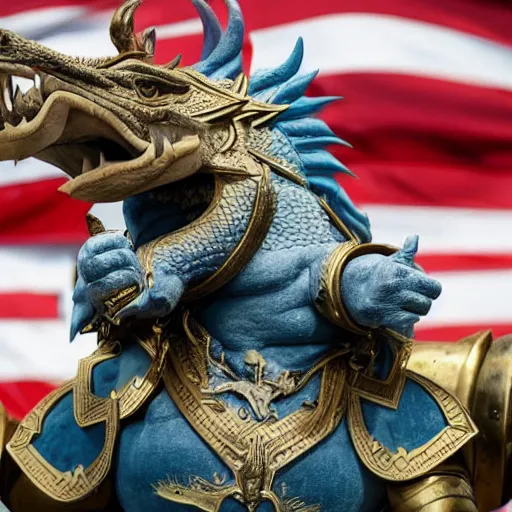 Image similar to a viking holding the head of donald trump riding a dragon flying, over the white house