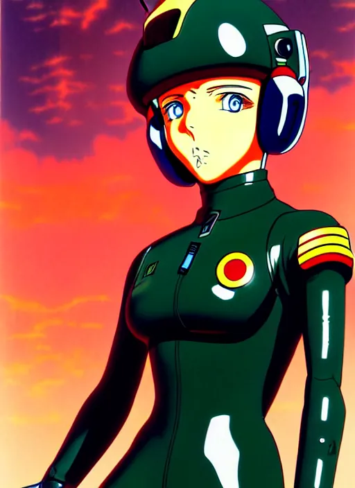 Image similar to Portrait of a female mech pilot in a latex bodysuit, 90s anime, cel-shaded, highly detailed, dramatic background, complementary lighting, poster