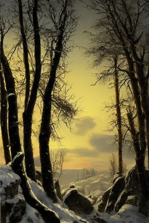 Prompt: julius sergius klever, winter landscape rocks trees snow, epic beautiful, night color.