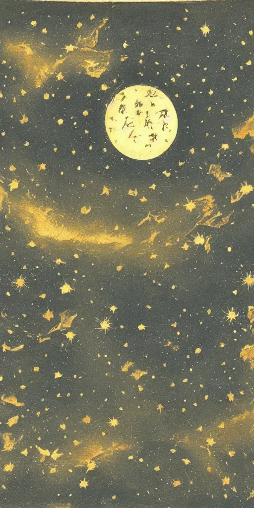 Image similar to oriental painting of the nebula, moon is far above, detailed, refined, high quality, parchment, blackened space, lots of stars, towards the bottom it fades into the parchment