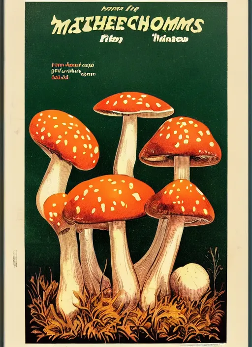 Prompt: a vintage poster of mushrooms