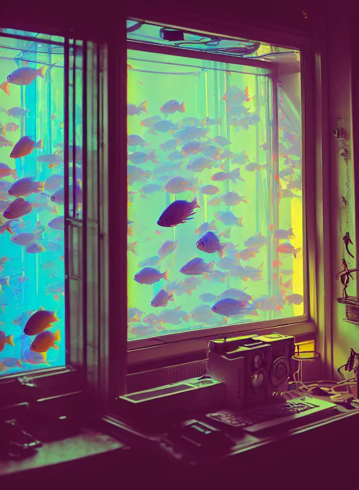 Image similar to telephoto 7 0 mm f / 2. 8 iso 2 0 0 photograph depicting the feeling of chrysalism in a cosy safe cluttered french sci - fi ( art nouveau ) cyberpunk apartment in a pastel dreamstate art cinema style. ( office with ) ( ( fish tank ) ), ambient light.