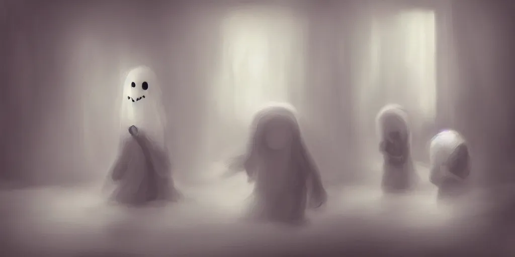 Prompt: Digital painting of a cute ghost scared in a big sparse white room with little boys by Greg Rutkowsky trending on Artstation