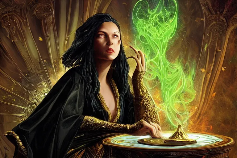 Prompt: a beautiful sorceress wearing a black robe with gold embroidery, sitting at table, casting a spell, green glows, painted by karol bak and artgerm, in the style of magic the gathering, highly detailed digital art