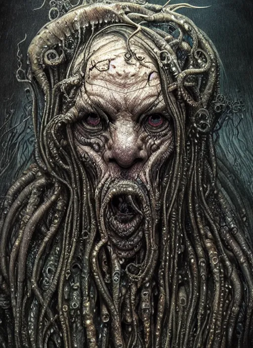 Image similar to portrait of a old lovecraftian underwater fish man hybrid with long wet tattered tangles of thinning black hair, eerie glowing eyes, wall hanging trophy taxidermy, hyper realistic head, fantasy art, in the style of greg rutkowski, zdizslaw beksinski, intricate, alphonse mucha, hyper detailed, smooth