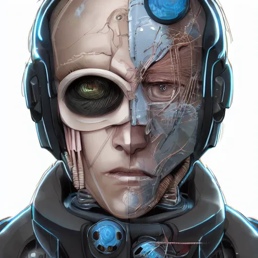 Prompt: Male cyborg, battle-damaged, scarred, wearing facemask, youthful face, neutral expression, blue eyes, neutral background, headshot, sci-fi, wires, cables, gadgets, Digital art, detailed, anime, artist Katsuhiro Otomo