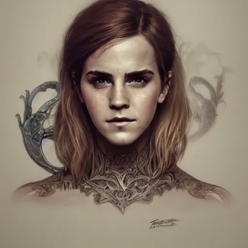 Image similar to portrait painting of a muscular emma watson, tattoo, ultra realistic, concept art, intricate details, eerie, highly detailed, photorealistic, octane render, 8 k, unreal engine. art by artgerm and greg rutkowski and alphonse mucha