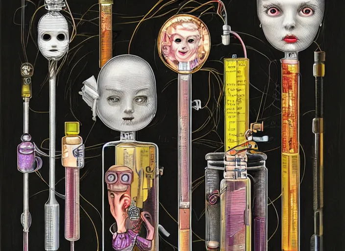 Image similar to a portrait of an inventor, test tubes, strange machines, electronics, lowbrow in the style of mark ryden and daniel merriam,