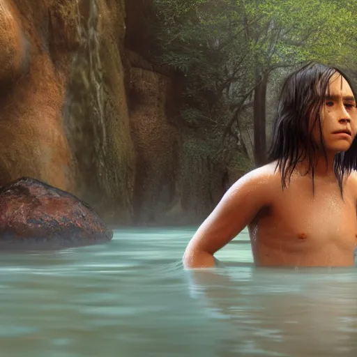 Prompt: hyperrealistic film full body still of young native american bathing in river, inspired by istvan sandorfi & greg rutkowski & unreal engine, perfect facial symmetry, dim volumetric cinematic lighting, 8 k octane comprehensive render, extremely hyper - detailed, incredibly lifelike attributes, intricate, real flesh texture, masterpiece, artstation, stunning,
