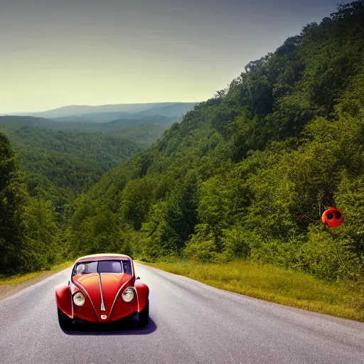 Image similar to promotional scifi - mystery movie scene of a ( volkswagen beatle ) and ladybug hybrid that's more ladybug. racing down a dusty back - road in smokey mountains tennessee. cinematic, 4 k, imax, 7 0 mm, hdr