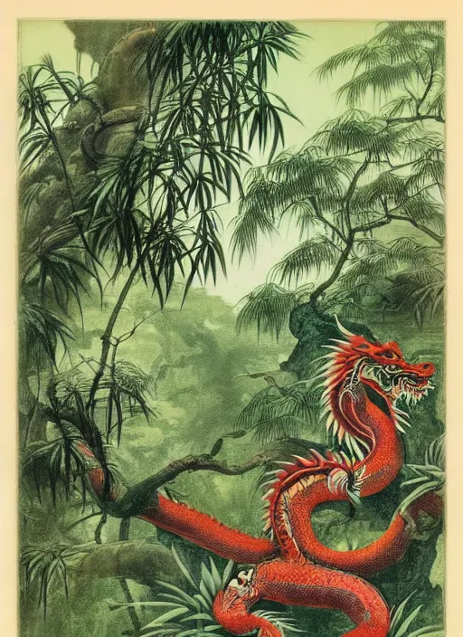 Image similar to vintage chinese dragon in a tropical forest, john james audubon, intaglio