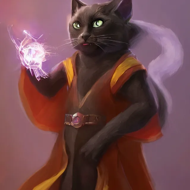 Prompt: black cat tabaxi sorcerer wearing robes holding a glowing crystal, character concept art, oil painting, artstation