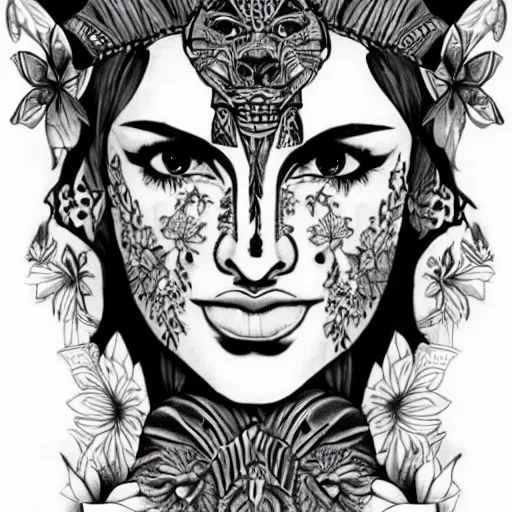 Image similar to tattoo design of a beautiful girl face, above the girls head there is a tiger, hyper detailed, in the design of eliot kohek