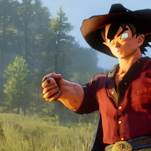 Prompt: goku wearing a cowboy hat in red dead redemption 2, a screenhot from a game, rdr 2