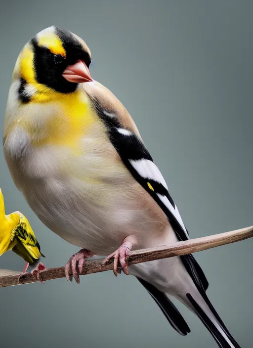 Image similar to a hyper realistic ultra realistic photograph of a man transmogrified into a goldfinch, top secret, highly detailed, 8k photo