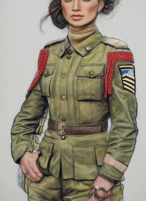 Image similar to full body detailed colored pencil drawing of a beautiful female military with a beautiful face wearing intricate clothing