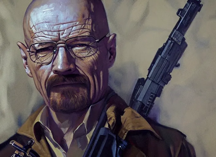 Prompt: a highly detailed beautiful portrait of walter white with a gun, by gregory manchess, james gurney, james jean