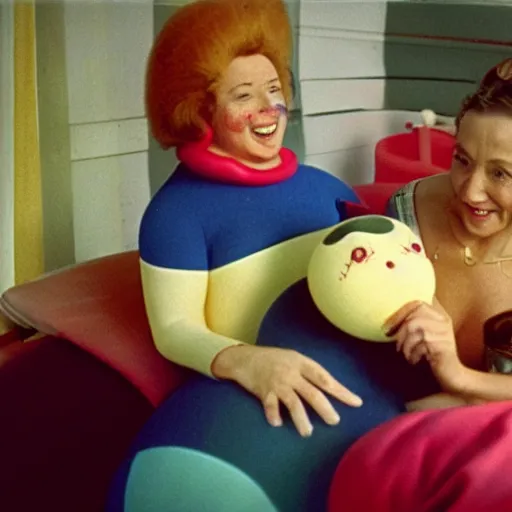 Image similar to happy woman who has given birth to a squishy inflatable toy, in hospital bed, 1974 color Fellini film, archival footage, technicolor film, 16mm, wacky children's tv with anthropomorphic animal