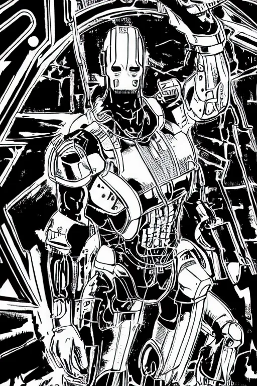 Image similar to ultron, a page from cyberpunk 2 0 2 0, style of paolo parente, style of mike jackson, adam smasher, johnny silverhand, 1 9 9 0 s comic book style, white background, ink drawing, black and white