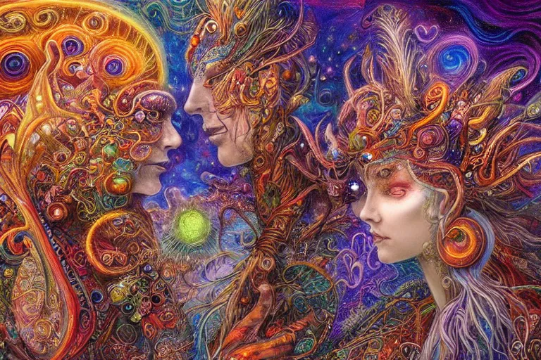 Image similar to two psychedelic shamans intertwined in a cosmic entanglement by Josephine Wall and Daniel Merriam, Artstation