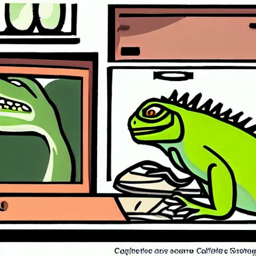 Image similar to iguana in the kitchen holding a spatula cooking a steak, cartoon style, anime,