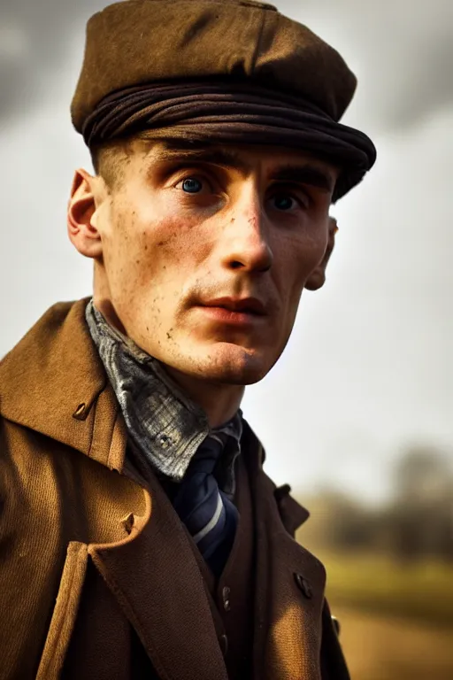 Image similar to a portait photo of Thomas Shelby in a battlefield, epic image, path tracing, complementary colours, high quality, 4k HDR, dramatic lighting, cinematic, highly detailed, high coherence, dedined face, anatomically correct, five fingers, war