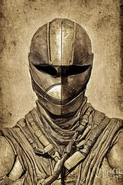 Image similar to snake eyes from g. i. joe, portrait, full body, symmetrical features, silver iodide, 1 8 8 0 photograph, sepia tone, aged paper, sergio leone, master prime lenses, cinematic