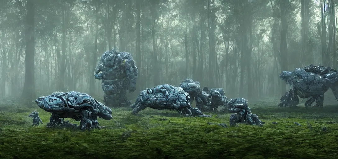 Image similar to military trucks surrounding a complex organic fractal 3 d metallic symbiotic ceramic humanoid megastructure creature in a swampy lush forest, foggy, sun rays, cinematic shot, photo still from movie by denis villeneuve, wayne barlowe