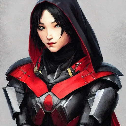 Prompt: cassandra cain in destiny hunter armor, black armor, red lipstick wearing a hooded cloak, beautiful face!!!!, 2 7 years old, cg animation, realistic, character select portrait, by artgerm, greg rutkowski, alphonse mucha, 3 d