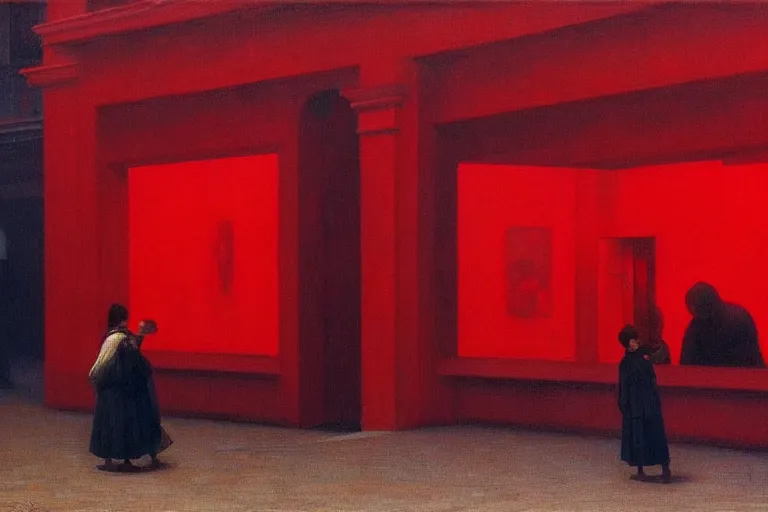 Image similar to only with red, crowd cheering at the sight of a painting, in a city square, in the style of beksinski, parts by edward hopper, parts by rodcenko, parts by yue minjun, intricate and epic composition, red by caravaggio, insanely quality, highly detailed, masterpiece, red light, artstation, 4 k