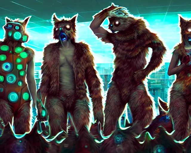 Image similar to high - resolution photograph from a biopunk era furry fandom convention ( midwest furfest 2 0 4 7 ), taking place after the genetic revolution and singularity. photorealistic.