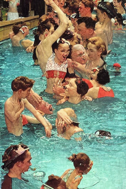 Prompt: summer swimming party, body horror, Norman Rockwell