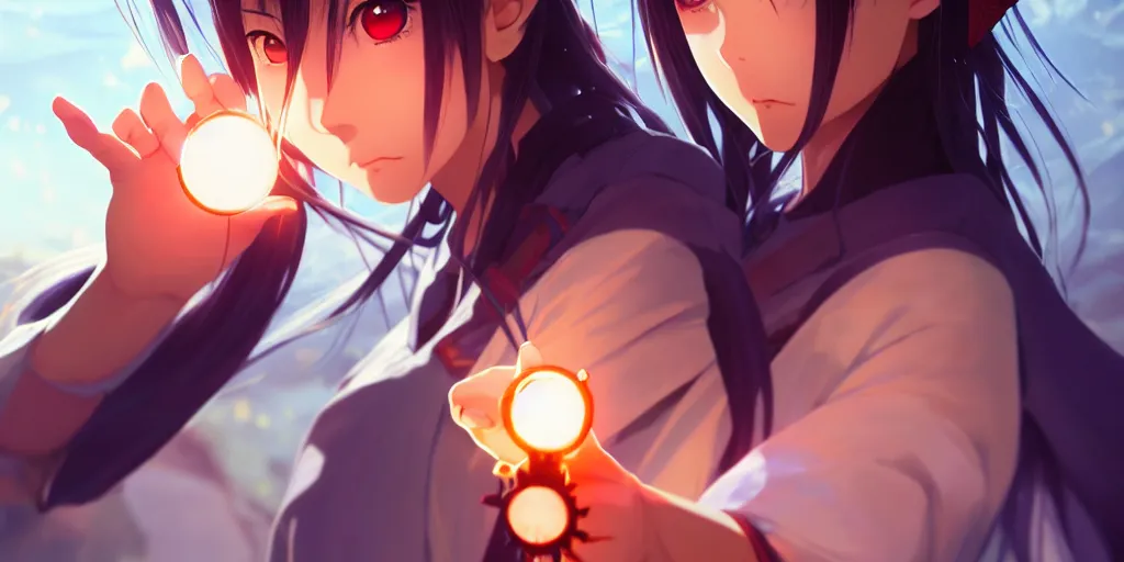 Image similar to beautiful anime girl holding a light source inside her hand, wearing samurai armor, expert high detail concept art, character design, perfect proportions defined faces, vivid colors, photorealistic shaded lighting poster ilya kuvshinov, katsuhiro, makoto shinkai, wlop, loish and clamp style, trending on artstation, best selling artist