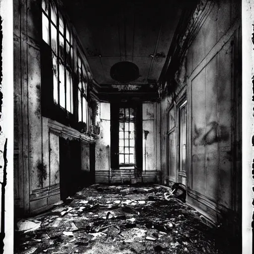 Prompt: unfocused black and white photographs of a ghost in an abandoned asylum | by Daido Moriyama | by Eugene Atget | horror mood | high contrast