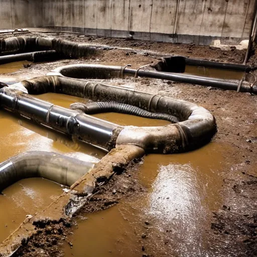 Image similar to deep underground bunker, flooded, dirty water, dense rusty pipes, dense cables