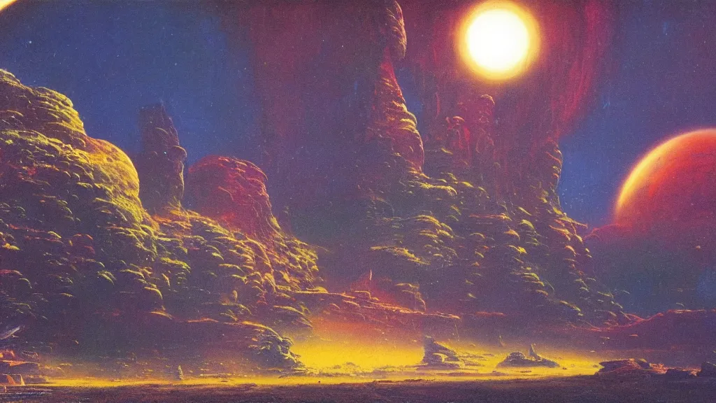 Prompt: otherworldly atmospherics of an ancient alien planet by arthur haas and bruce pennington and paul lehr, cinematic matte painting